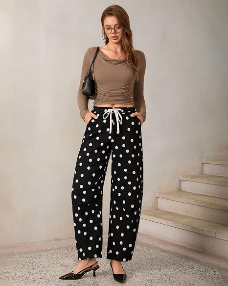 GRAPENT Women's High Rise Polka Dot Barrel Jeans | Stretch Denim, Elastic Drawstring Waist, 27" Inseam, Cropped, Dressy Casual Daily Wear