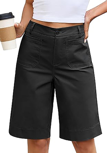 LookbookStore Women's Black High Waisted Knee Length Bermuda Shorts Casual Dressy Chino Shorts with Elastic Waist and Patch Pockets