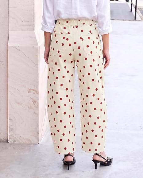 GRAPENT Women's High Rise Polka Dot Barrel Jeans | Stretch Denim, Elastic Drawstring Waist, 27" Inseam, Cropped, Dressy Casual Daily Wear