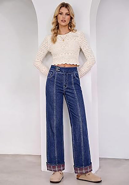 Darkness Blue Women's High Rise Wide Leg Jeans — Stretchy Denim Pants with Double Button Waistband, Vertical Seam & Contrast Plaid Cuffs