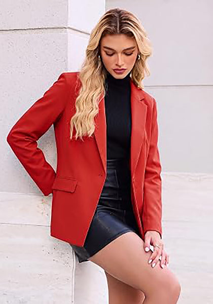 Red Women's Notched Lapel Blazer, Single Button Shoulder Pads Suit Jacket, Long Sleeve Business Casual Work Office Blazer with Pockets & Back Slit