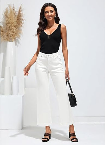 White Womens Flare Jeans High Waisted Wide Leg Baggy Jean for Women Stretch Denim Pants