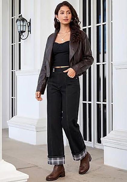 Black Women's High Rise Wide Leg Jeans — Stretchy Denim Pants with Double Button Waistband, Vertical Seam & Contrast Plaid Cuffs
