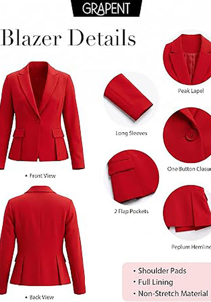 Red Women's Peplum Suit Jacket Blazer, Tailored Fitted Long Sleeve with Built-in Shoulder Pads, Dressy Casual for Office, Business & Everyday Wear