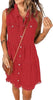 Red Women Sleeveless V Neck Button Down Frayed Hem Short Denim Dress
