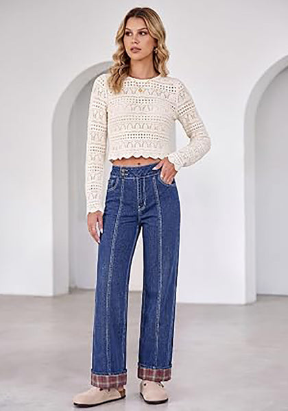 Medium Blue Women's High Rise Wide Leg Jeans — Stretchy Denim Pants with Double Button Waistband, Vertical Seam & Contrast Plaid Cuffs