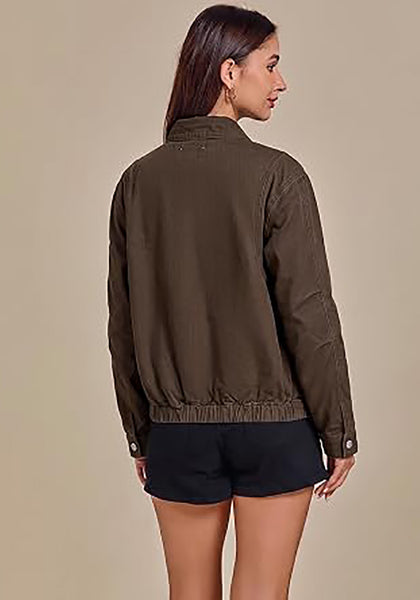 Chocolate Brown Women's Funnel Neck Denim Jacket — Oversized Zip Up Jean Jacket with Drop Shoulder, Elastic Hem & Side Slant Pockets