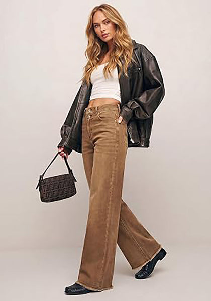 Golden Brown Women's High Waisted Wide Leg Jeans by luvamia — Stretchy 90s Baggy Straight Denim, Raw Hem, Button Front, 29.5" Inseam, Casual Western Work Pants