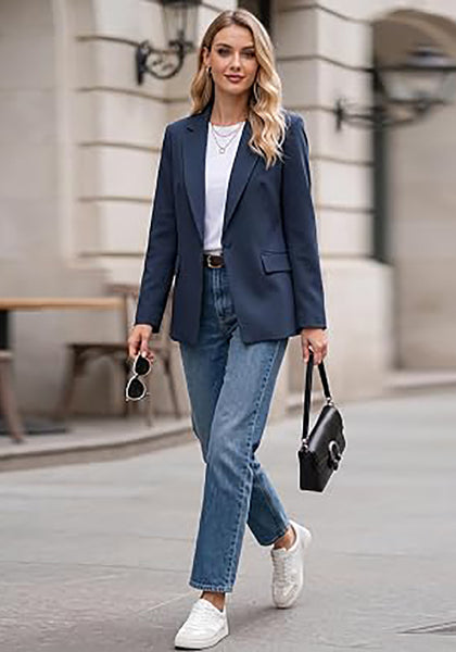 Dark Blue Women's Notched Lapel Blazer, Single Button Shoulder Pads Suit Jacket, Long Sleeve Business Casual Work Office Blazer with Pockets & Back Slit
