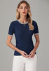 Navy Blue Women's Color Block Crewneck Knit Short Sleeve Stretch Summer Sweater Top