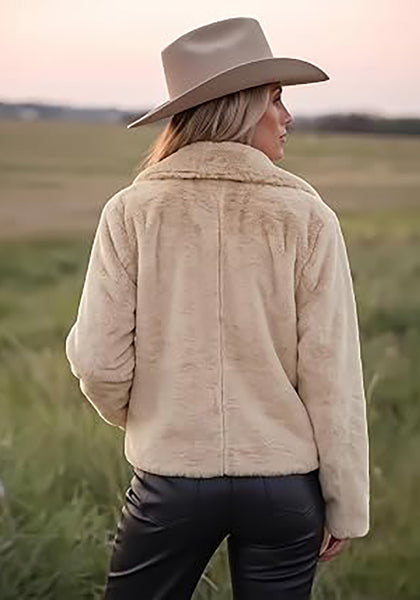 Beige Women's Cropped Fluffy Faux Fur Coat — Oversized Lapel Jacket with Button Down Closure & Warm Lining