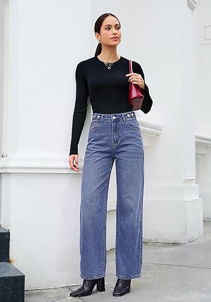 GRAPENT Women's High Rise Wide Leg Jeans | Stretchy Denim, Adjustable Cinch Waist, 30" Inseam, 90s Baggy Straight, Everyday Dressy Casual