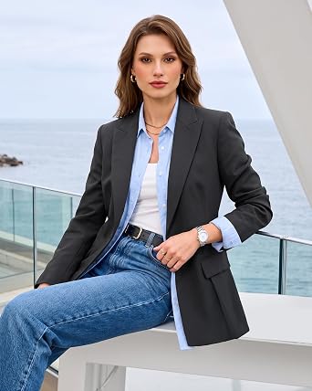 Charcoal Women's Peplum Suit Jacket Blazer, Tailored Fitted Long Sleeve with Built-in Shoulder Pads, Dressy Casual for Office, Business & Everyday Wear
