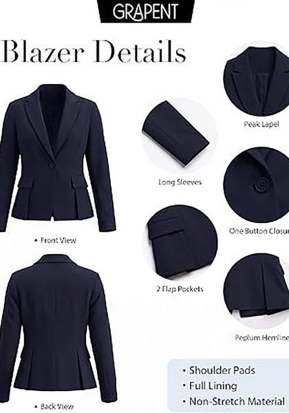 Navy Blue Women's Peplum Suit Jacket Blazer, Tailored Fitted Long Sleeve with Built-in Shoulder Pads, Dressy Casual for Office, Business & Everyday Wear