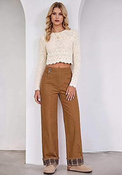 Brown Women's High Rise Wide Leg Jeans — Stretchy Denim Pants with Double Button Waistband, Vertical Seam & Contrast Plaid Cuffs