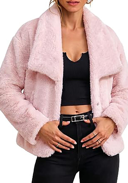 Light Pink Wide Lapel Faux Fur Coat for Women — Oversized Dropped Shoulder Jacket with Side Pockets & Snap Buttons