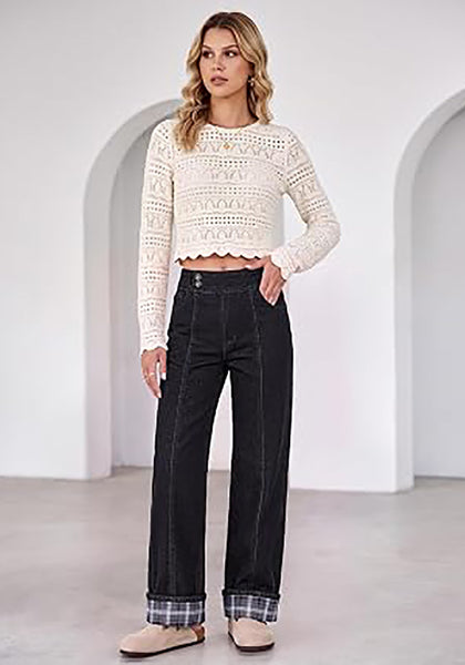 Black Women's High Rise Wide Leg Jeans — Stretchy Denim Pants with Double Button Waistband, Vertical Seam & Contrast Plaid Cuffs