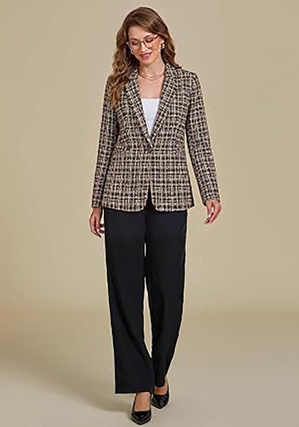 Brown Women's Plaid Tweed Work Blazer | Long Sleeve Notched Lapel Jacket, Fully Lined, Shoulder Pads, Single Button, 2 Pockets – Office, Interview, Business Casual