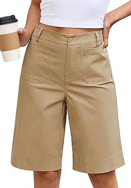 LookbookStore Women's Khaki High Waisted Knee Length Bermuda Shorts Casual Dressy Chino Shorts with Elastic Waist and Patch Pockets