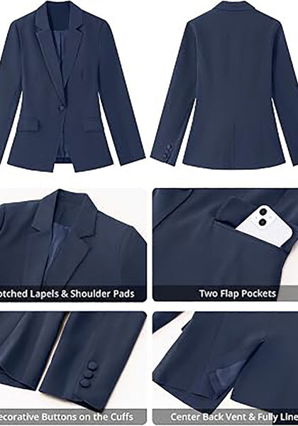 Dark Blue Women's Notched Lapel Blazer, Single Button Shoulder Pads Suit Jacket, Long Sleeve Business Casual Work Office Blazer with Pockets & Back Slit