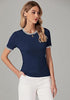 Navy Blue Women's Color Block Crewneck Knit Short Sleeve Stretch Summer Sweater Top