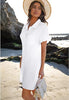 Cream White Women's Beach Cover Up Dress Button Down Shirt Ruffle Sleeves Dresses Casual Summer With Pockets
