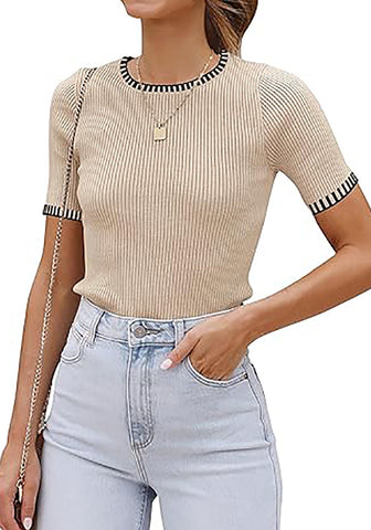 Camel Women's Color Block Crewneck Knit Short Sleeve Stretch Summer Sweater Top