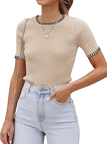 Light Beige Women's Color Block Crewneck Knit Short Sleeve Stretch Summer Sweater Top