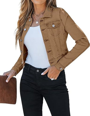 Almond Brown Women's Basic Long Sleeves Fitted Denim Cropped Jacket