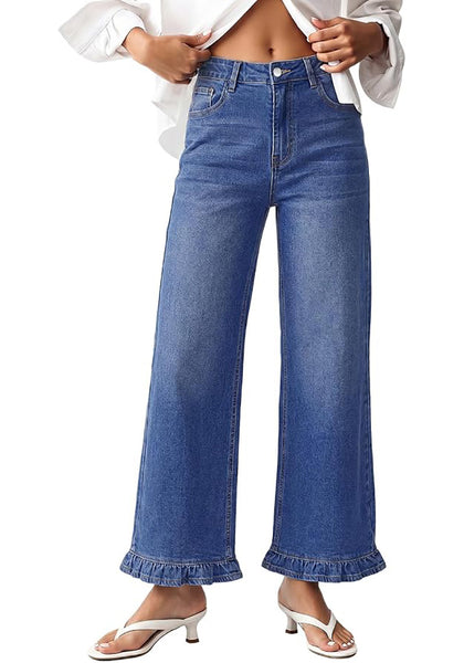 GRAPENT Women's High Waisted Ruffle Hem Wide Leg Jeans | Stretch Denim, 27.5" Inseam, Ankle Cropped, Baggy Fit, Weekend Casual