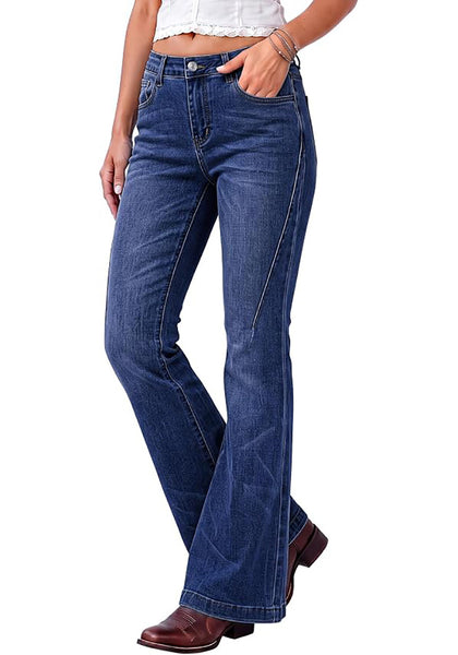 Nightfall Blue Flare Jeans for Women Mid Rise Bootcut Denim Pants Distressed Stretchy Retro Y2K Washed Date Night Outfit Nashville Western Style