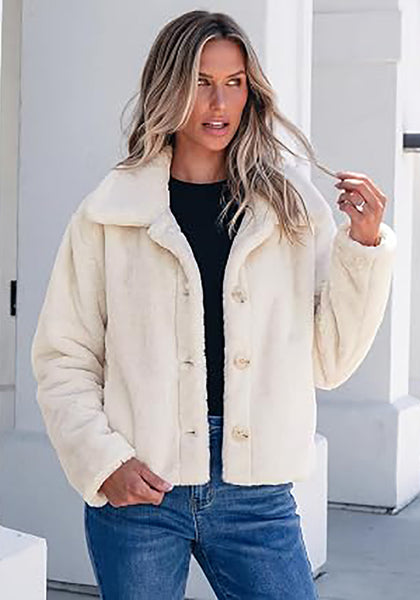 White Women's Cropped Fluffy Faux Fur Coat — Oversized Lapel Jacket with Button Down Closure & Warm Lining