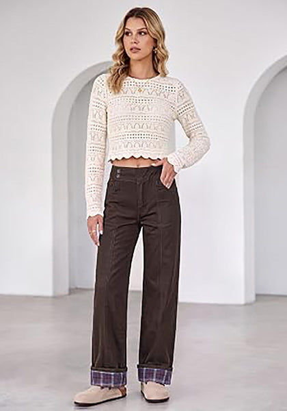 Dark Brown Women's High Rise Wide Leg Jeans — Stretchy Denim Pants with Double Button Waistband, Vertical Seam & Contrast Plaid Cuffs
