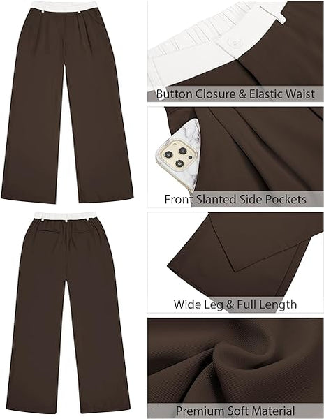 Brown & White Block Women's High Waisted Wide Leg Business Work Pants