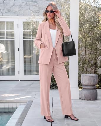 Peach Blush Women's 2 Piece Double Breasted Pantsuit — Double Breasted, Wide Leg & Structured Shoulders, Professional Dressy Pantsuit Set, Office Chic, 2026 Fall Fashion