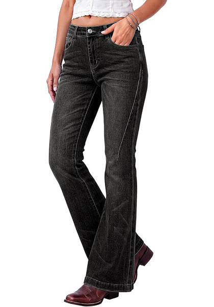 Washed Black Flare Jeans for Women Mid Rise Bootcut Denim Pants Distressed Stretchy Retro Y2K Washed Date Night Outfit Nashville Western Style