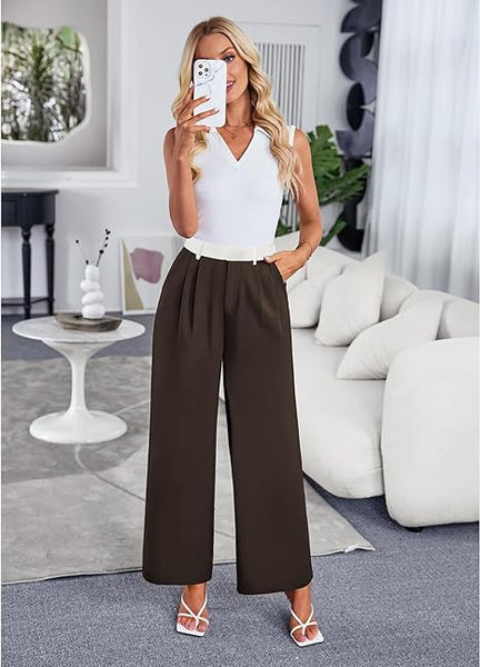 Brown & White Block Women's High Waisted Wide Leg Business Work Pants