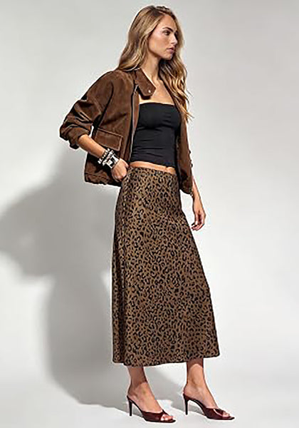 Dark Brown Cheetah Women's Leopard Print Satin Maxi Skirt — High Waisted Bias Cut A Line Slip Skirt with Stretchy Elastic Waistband