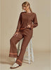 Brown Women Soft Long Sleeve Wide Leg Set Casual Sleep Lounge Wear