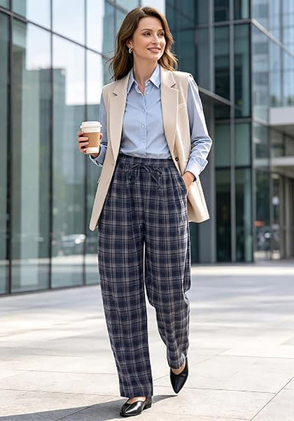 GRAPENT Women's High Waisted Plaid Barrel Pants | Tapered Wide Leg, Elastic Drawstring Waist, Front Pockets, Work Office Casual Fall Outfits