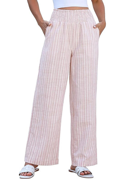 Women’s Striped Wide Leg Pants Causal Elastic High Waist Full Length Trousers with Pockets