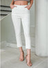 Cream White Women's High Waisted Elastic Slight Stretch Denim Pull On Cuffed Hem Capri Jeans Denim Pants