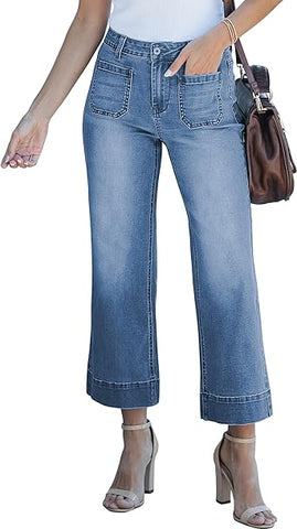 Blue Tides 2024 Women's High Waisted Long Denim Wide Leg Pockets Cropped Pants Jeans Trouser