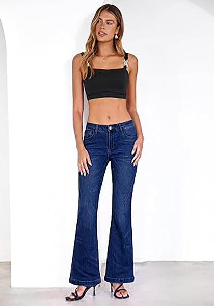 Nightfall Blue Flare Jeans for Women Mid Rise Bootcut Denim Pants Distressed Stretchy Retro Y2K Washed Date Night Outfit Nashville Western Style