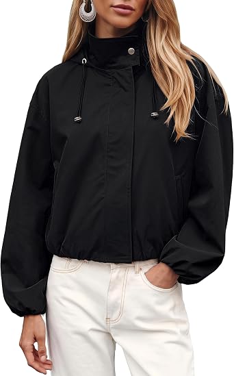 Black Women's Trendy Funnel Neck Bomber Jacket — Oversized Cropped Zip Up Hooded Jacket with Stand Collar & Elastic Cuff Hem