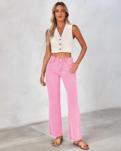 Gossamer Pink Women's Straight Leg Pull On Denim Pant High Waisted Stretch