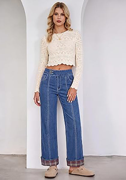 Classic Blue Women's High Rise Wide Leg Jeans — Stretchy Denim Pants with Double Button Waistband, Vertical Seam & Contrast Plaid Cuffs