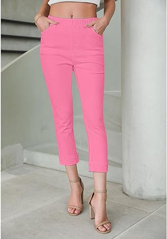 Sachet Pink Women's High Waisted Elastic Slight Stretch Denim Pull On Cuffed Hem Capri Jeans Denim Pants