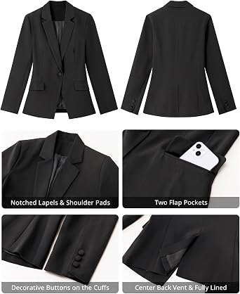 Black Women's Notched Lapel Blazer, Single Button Shoulder Pads Suit Jacket, Long Sleeve Business Casual Work Office Blazer with Pockets & Back Slit