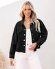 Washed Black Women's Denim Collared Jacket With Flap Pocket Button UP Raw Hem Detail Long Sleeve Jean Jackets